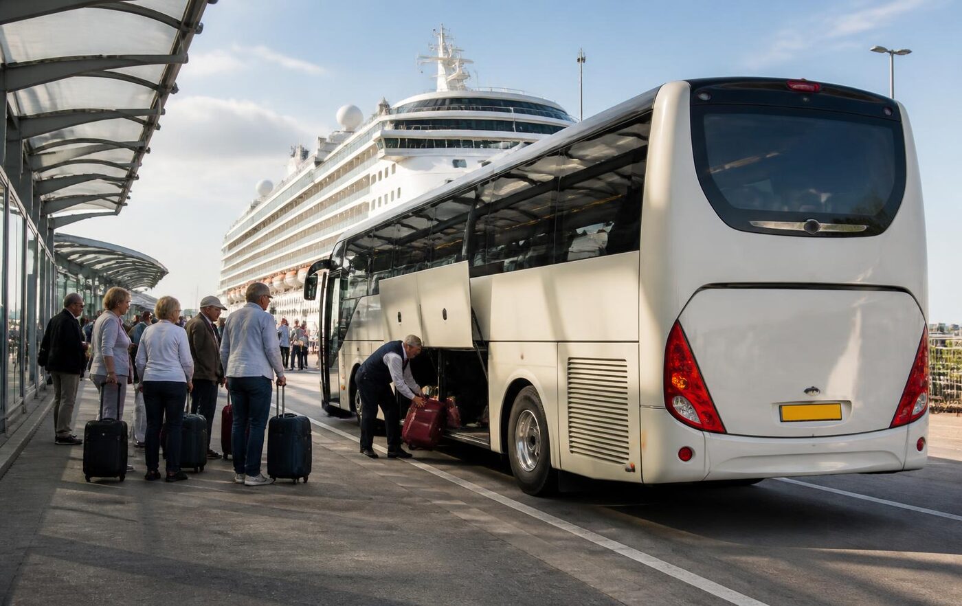 Luxury coach transfer at a UK cruise terminal