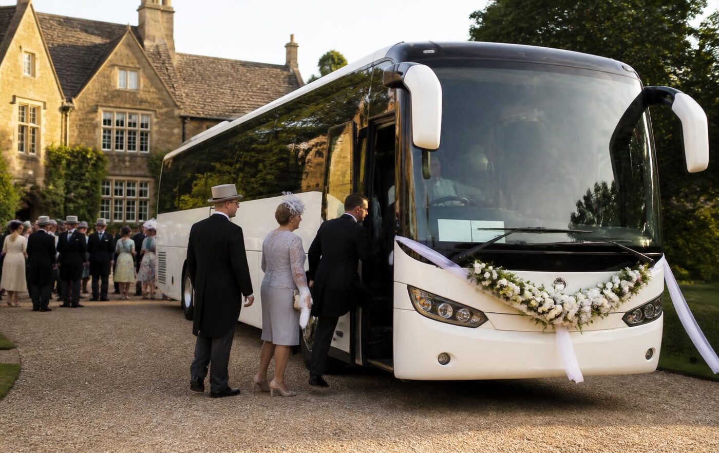 Luxury coach transport at a British wedding venue